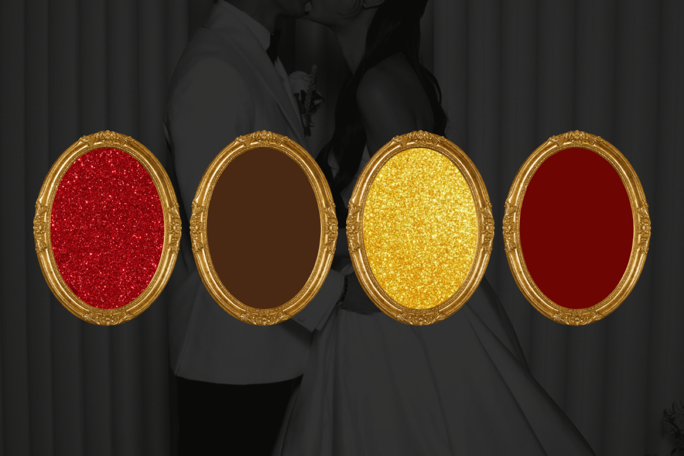 Wedding photo booth backdrop options, from red and gold glitter to deep burgundy and chocolate