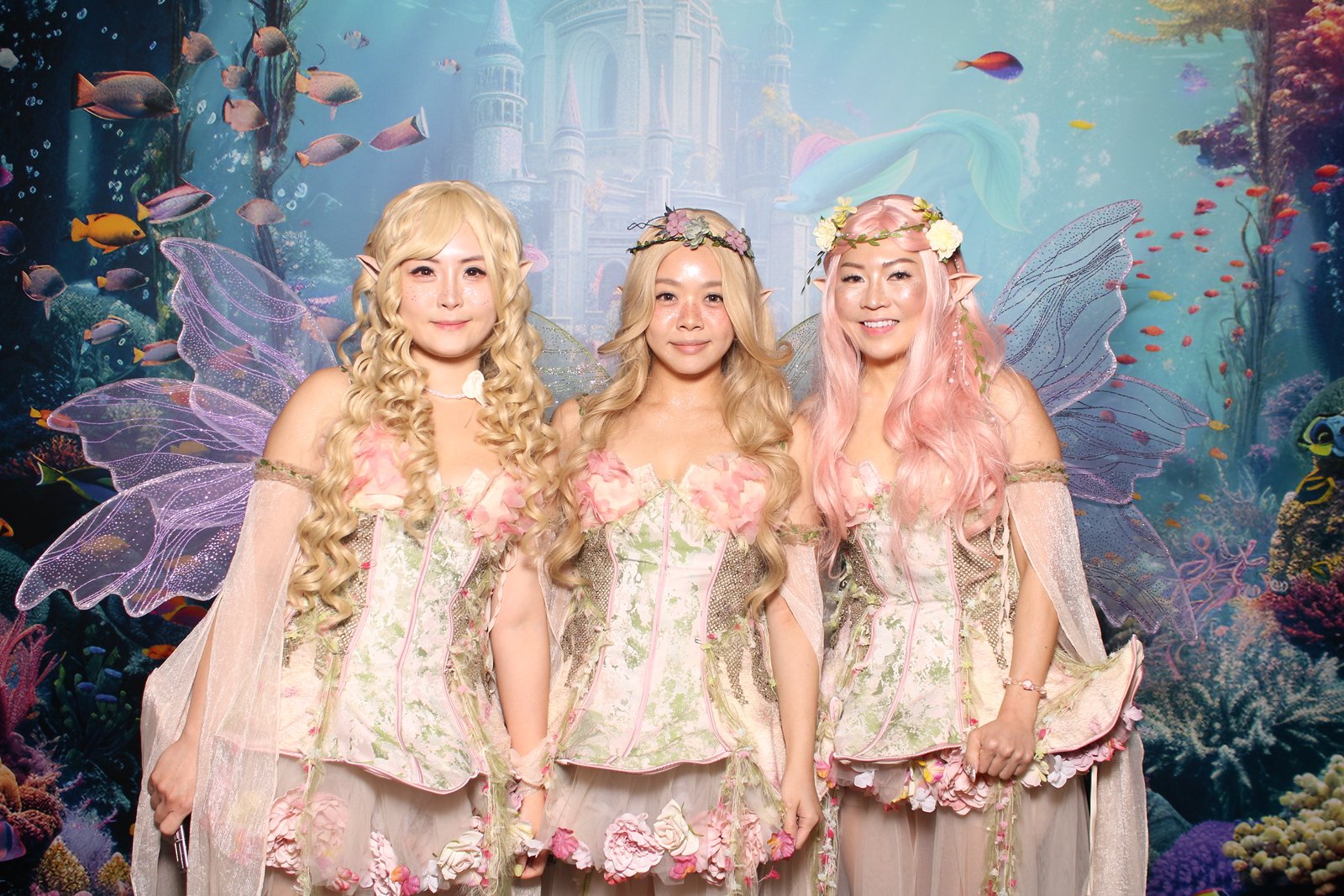Guests in fairy costumes at a themed underwater photobooth backdrop