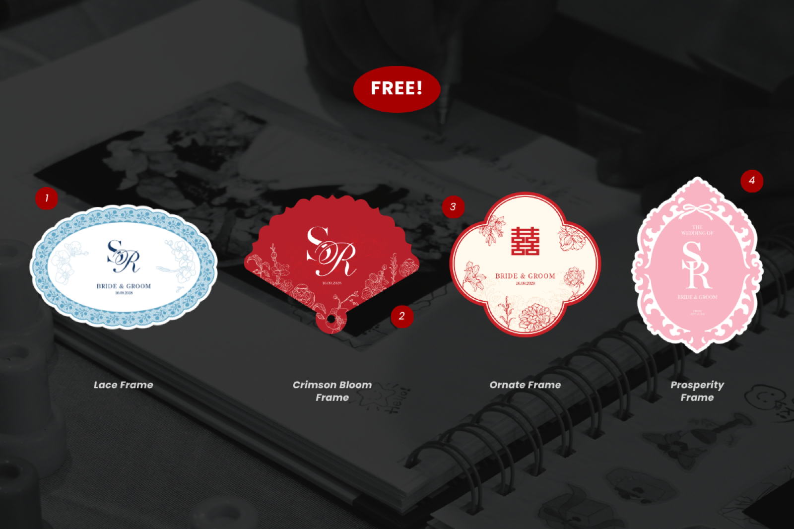 Exclusive wedding props, Lace, Crimson Bloom, Ornate and Prosperity keepsake frames, free with every wedding package