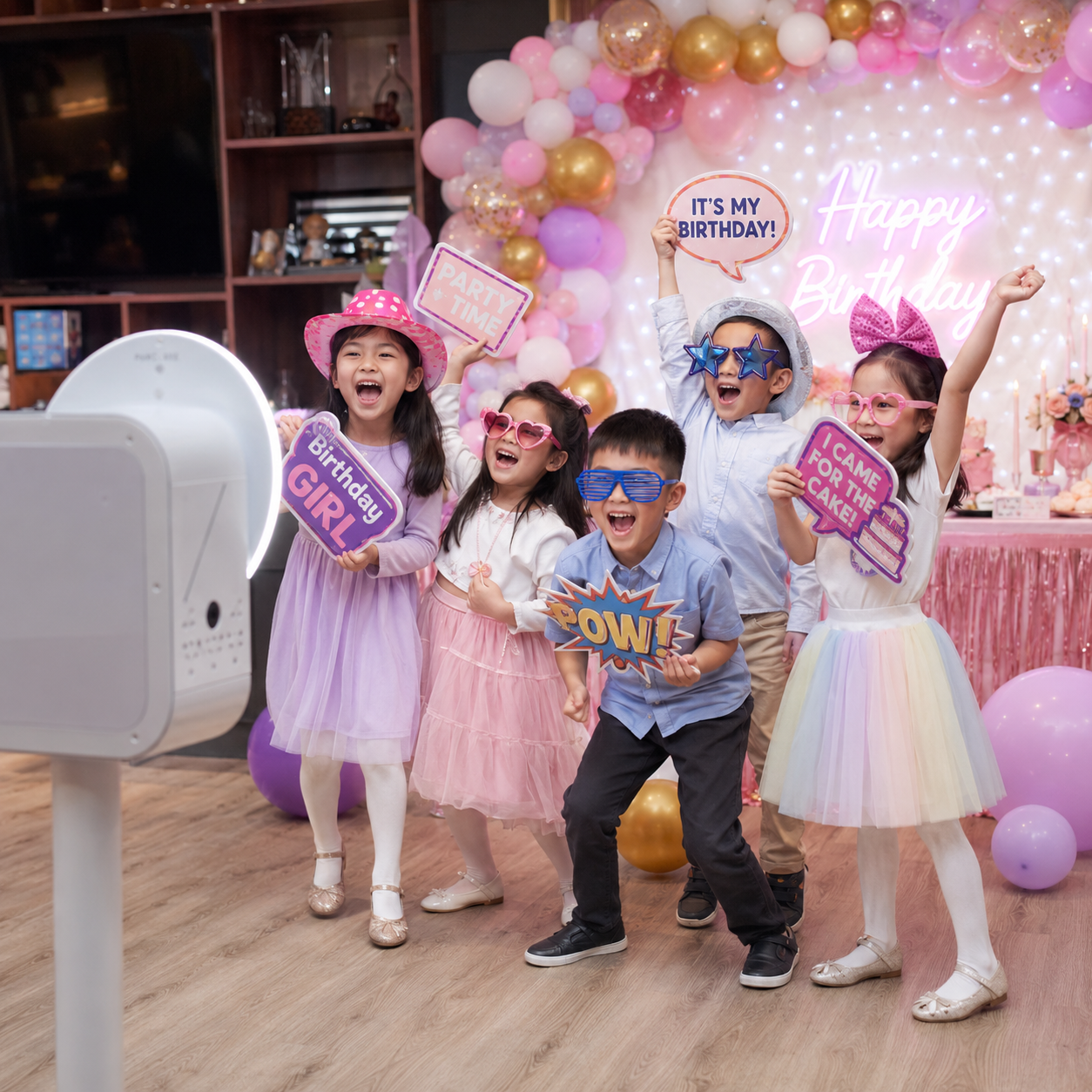 Children with party props at a kids party photo booth in Malaysia