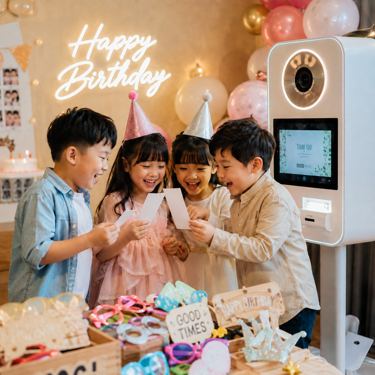 Children collecting their instant prints at a kids party photo booth in Malaysia
