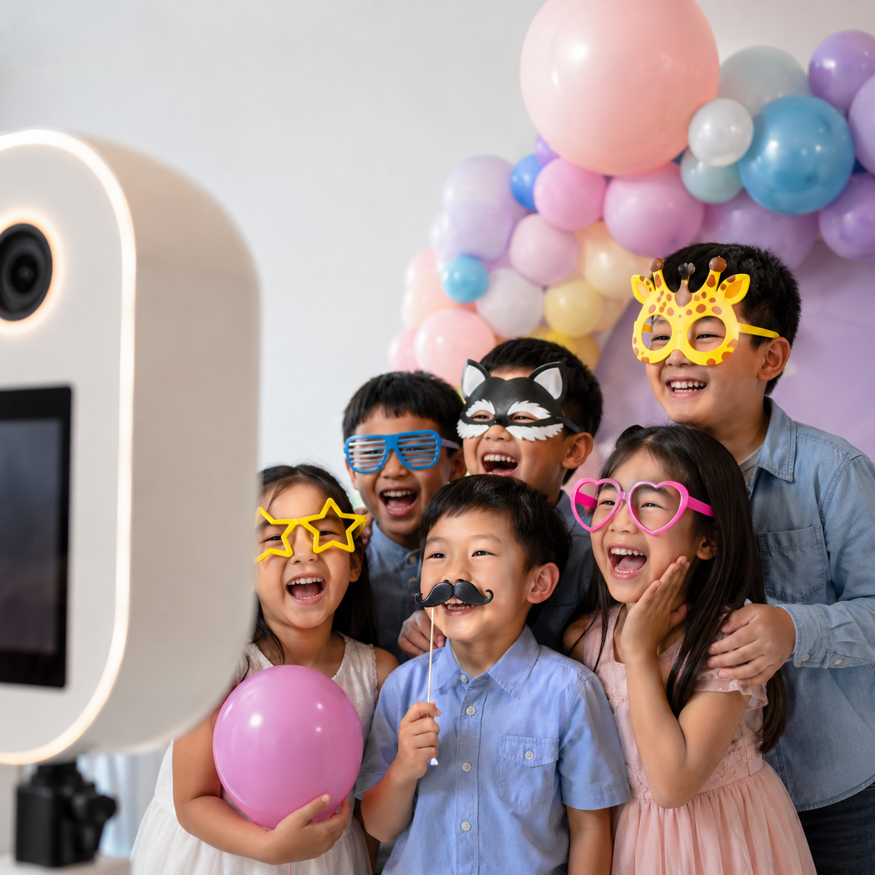 Children laughing with party props at a kids party photo booth in Malaysia