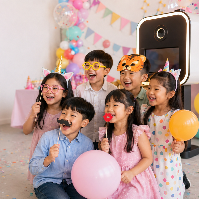 Children posing with fun props at a kids party photo booth in Malaysia