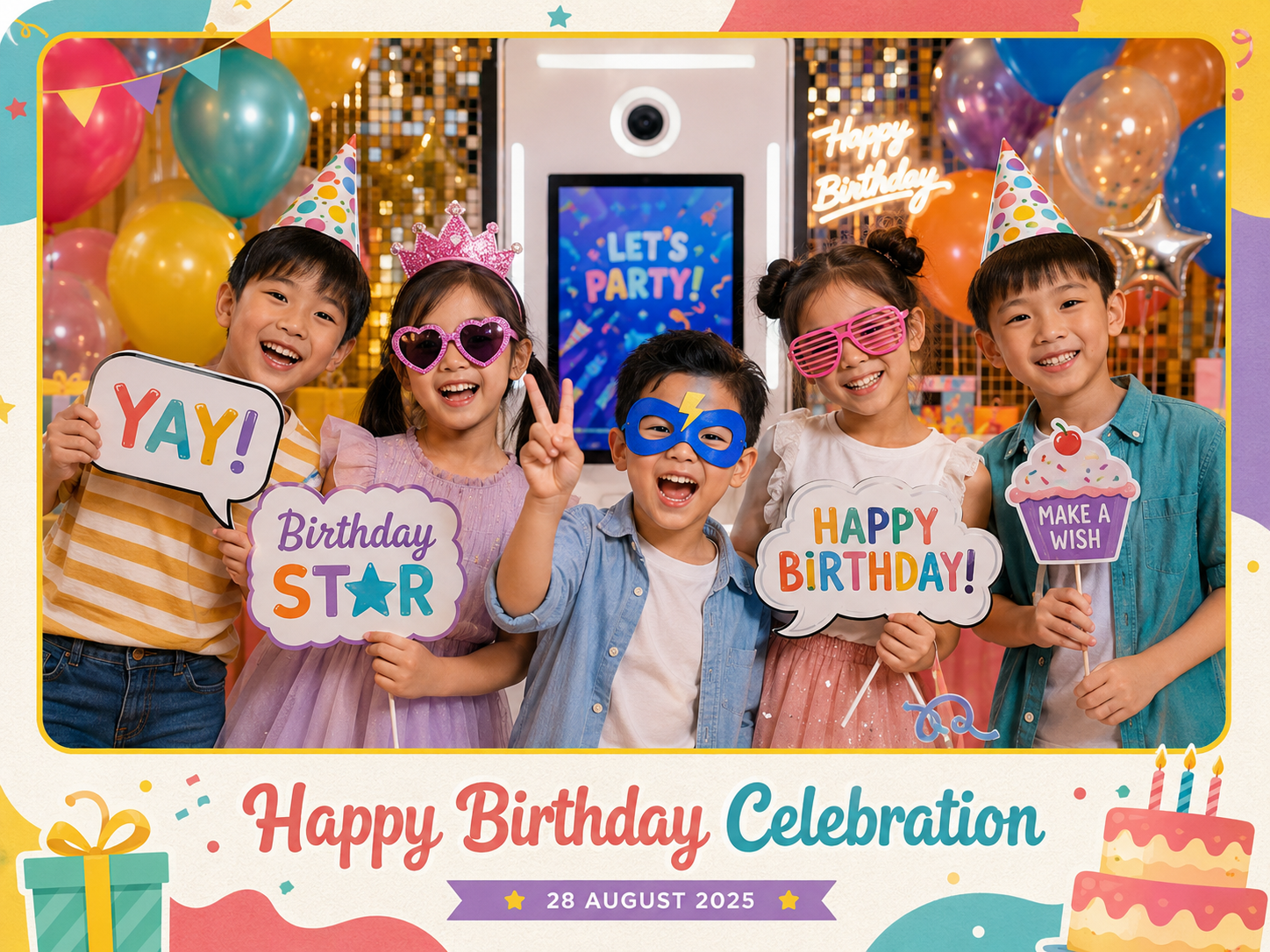 Children posing with fun props and a Happy Birthday Celebration frame at a kids party photo booth in Malaysia