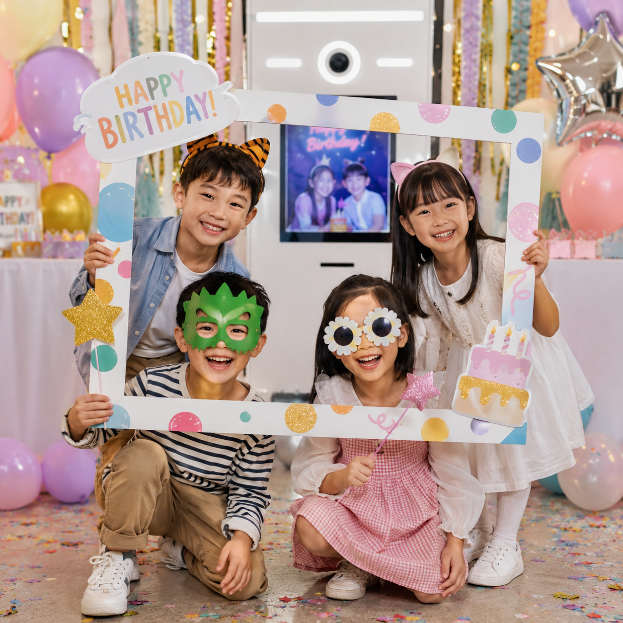 Children holding a Happy Birthday photo frame at a kids party photo booth in Malaysia