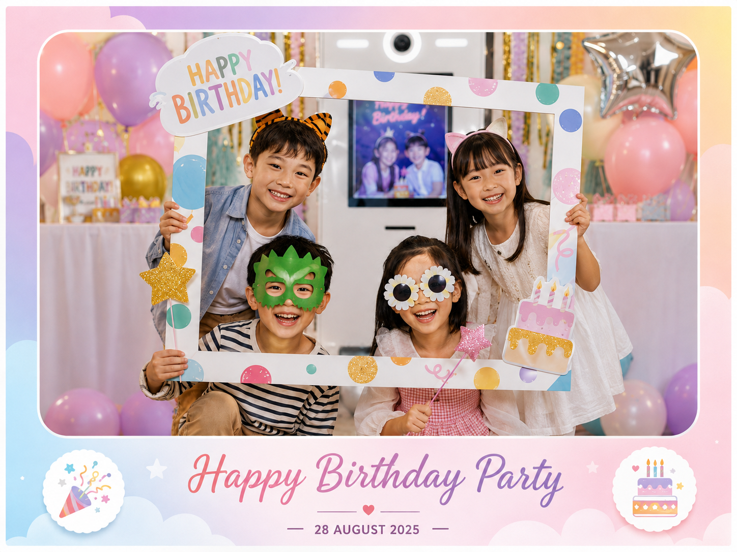 Branded kids party photo booth print sample with a Happy Birthday party template