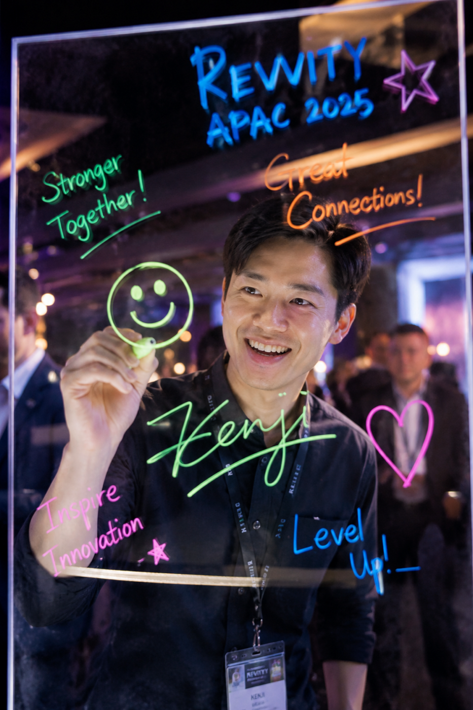 Guest writing glowing neon messages on the scribble booth glass at a corporate event
