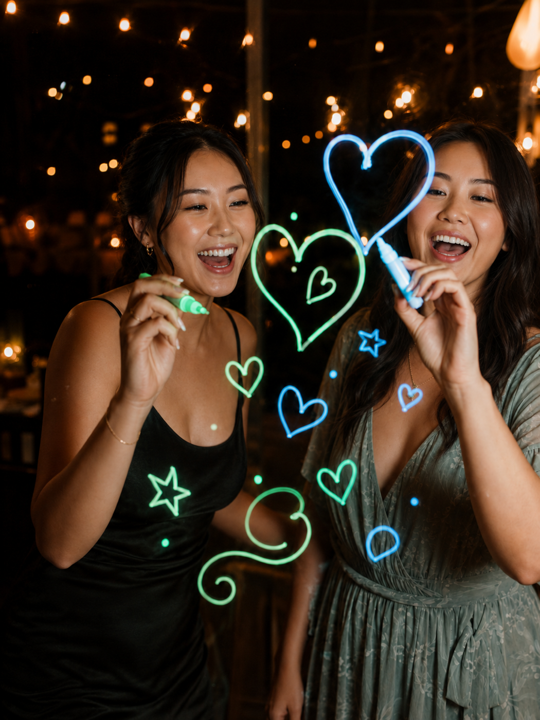 Two guests drawing neon hearts on the scribble booth glass at a wedding