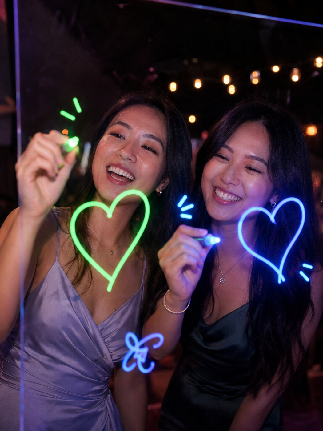 Friends drawing glowing neon hearts on the scribble booth glass at a party