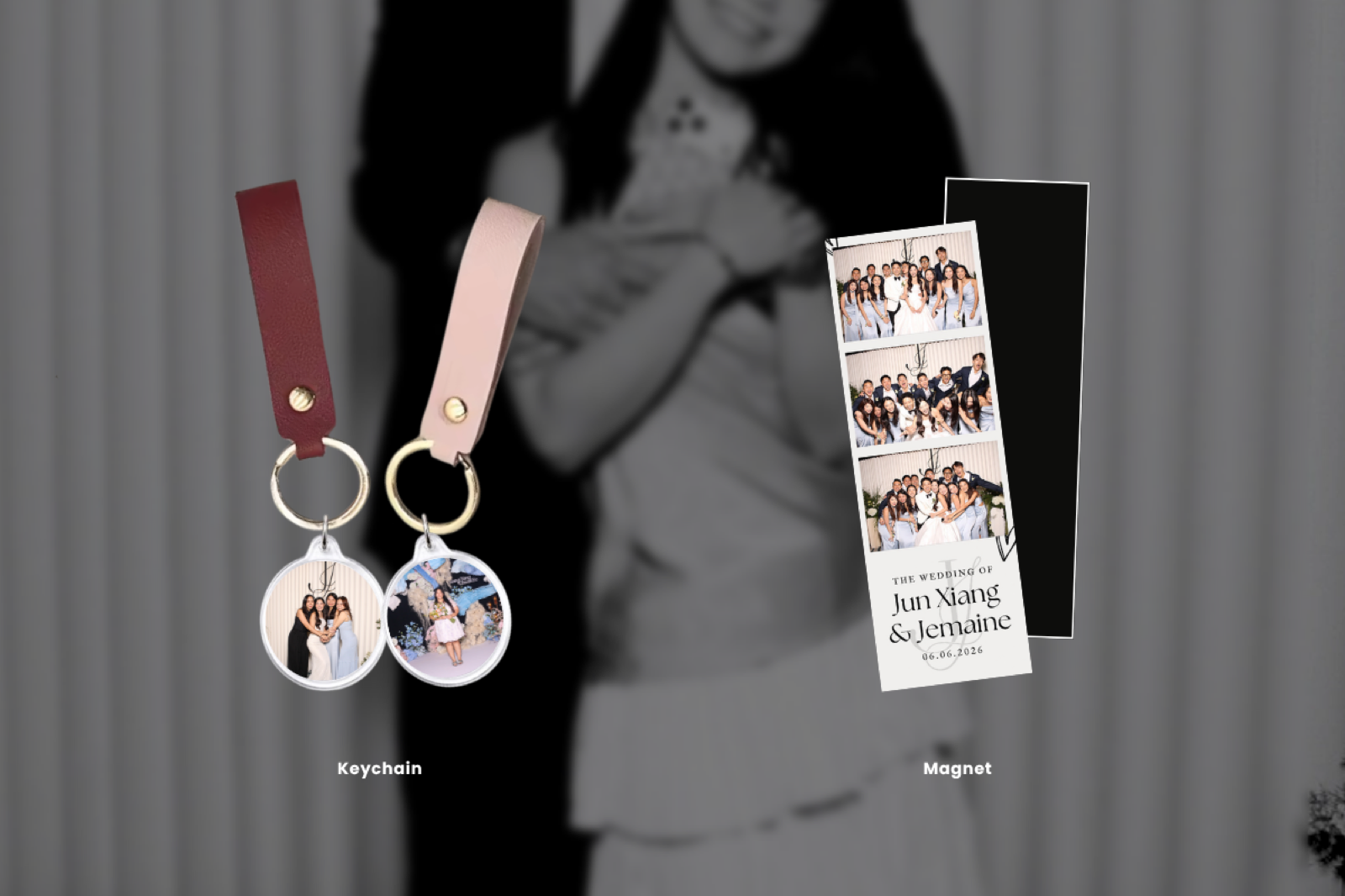 Wedding photo booth add-ons, keychain and magnet keepsake print upgrades