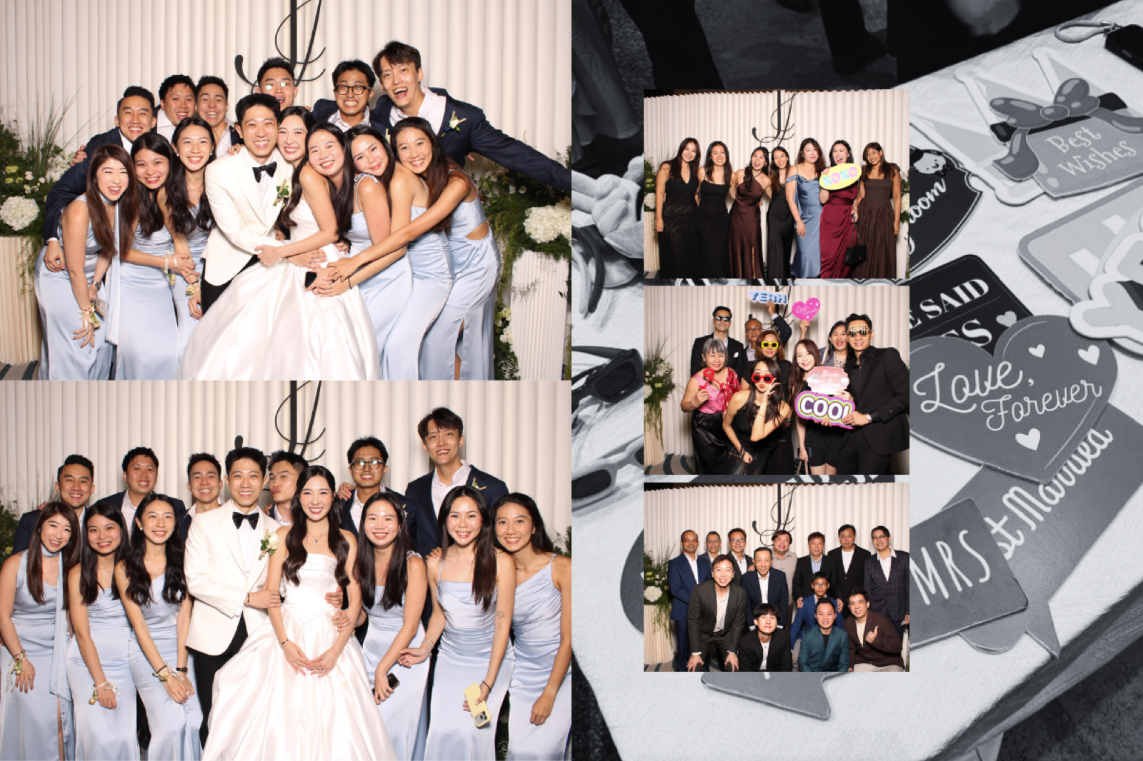 Guests posing at a wedding photo booth with branded print keepsakes